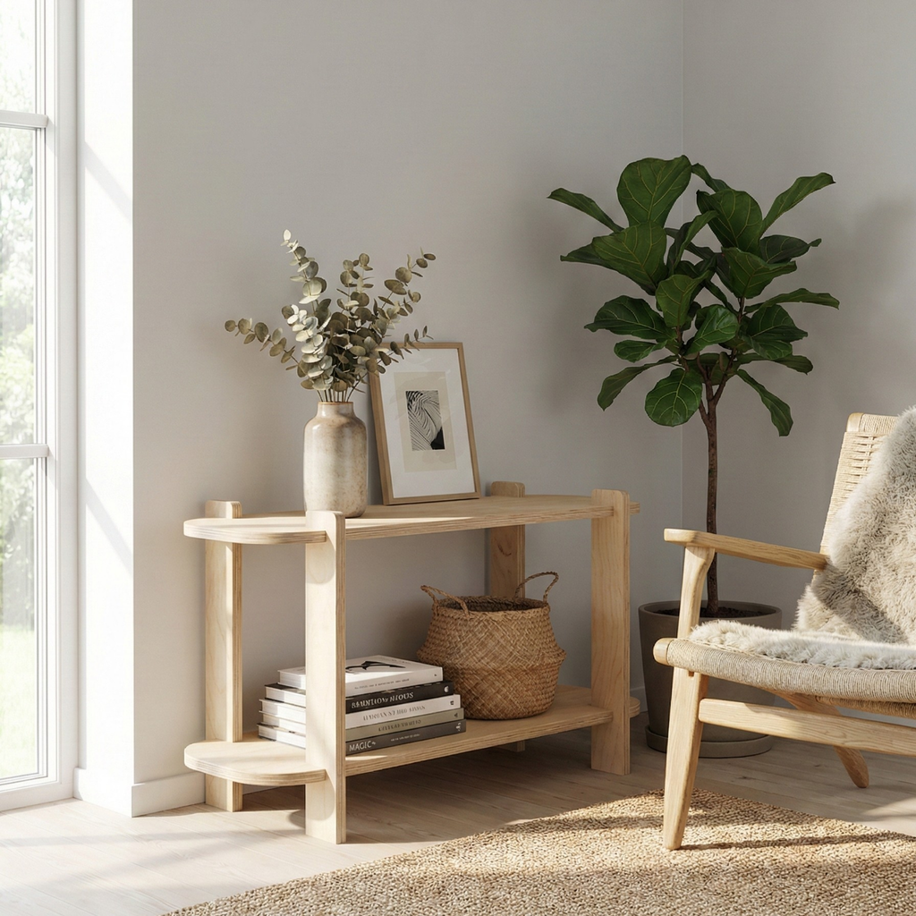 Minimal salon dekorasyonunda kullanılan ahşap kitaplık