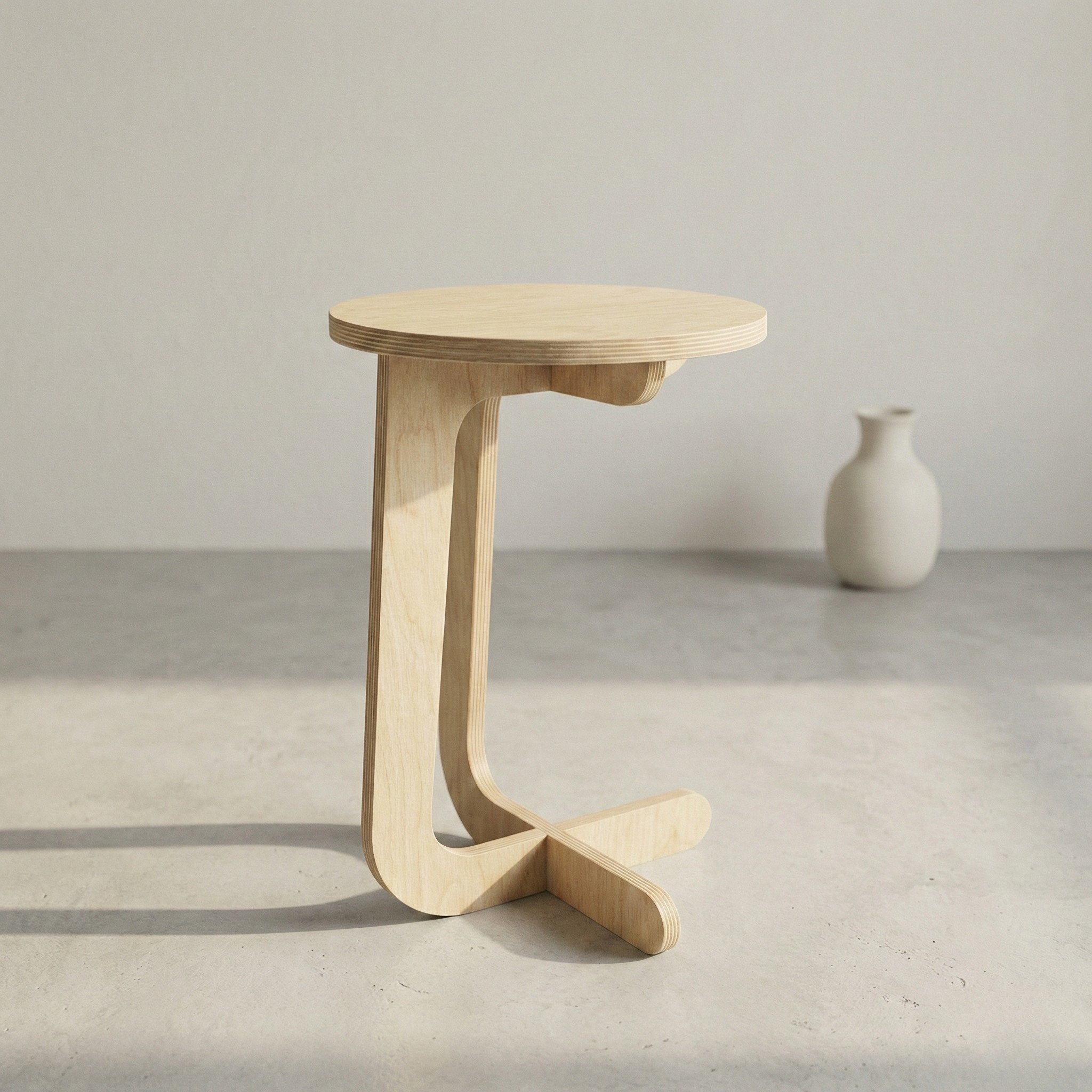 İskandinav C form ahşap yan sehpa koltuk yanında kullanım