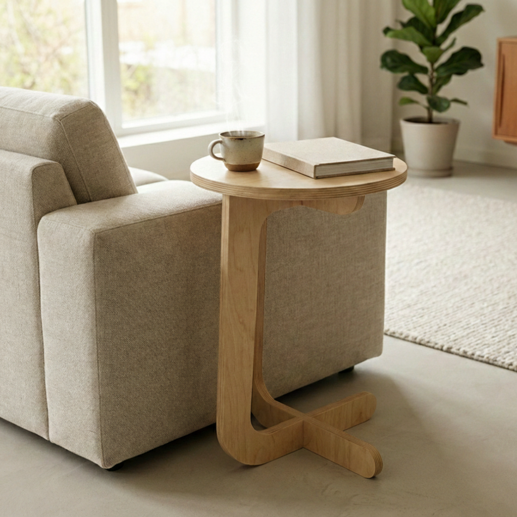 Minimal tasarım ahşap yan sehpa küçük salon için