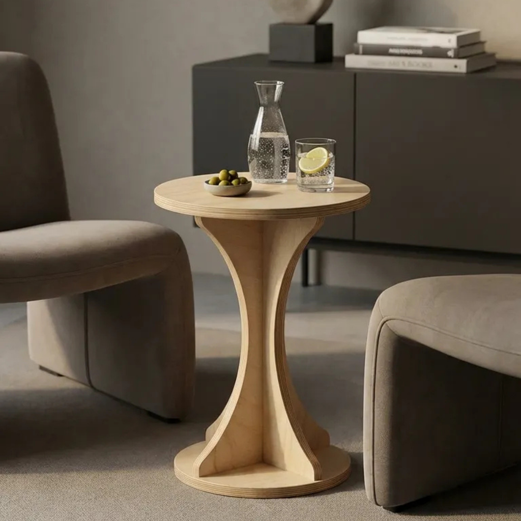 Minimalist tasarımlı modern yan sehpa 44 cm yuvarlak tabla doğal ahşap sehpa