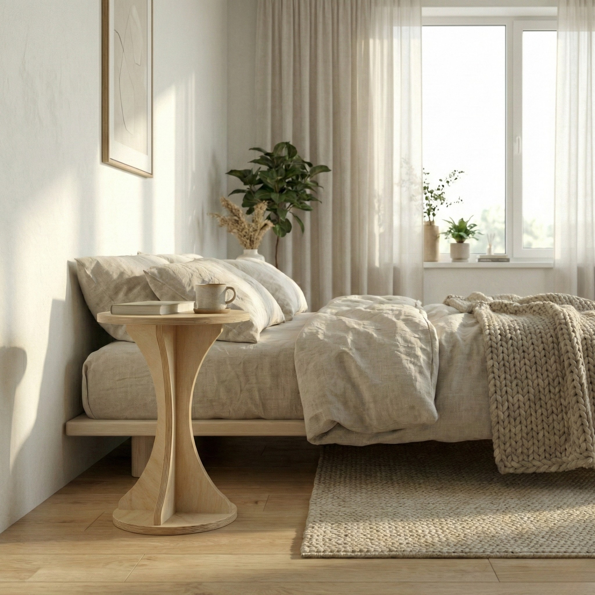 Yatak odası için yuvarlak modern yan sehpa doğal huş marin kontrplak komodin