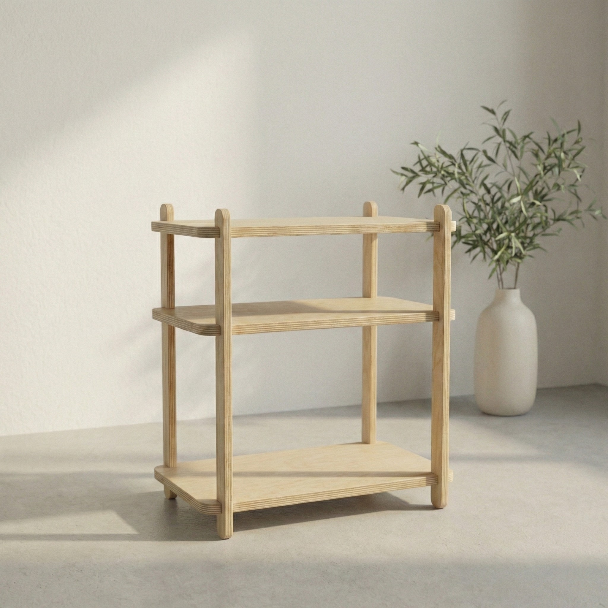 Modern yatak odası için açık raflı minimal ahşap komodin