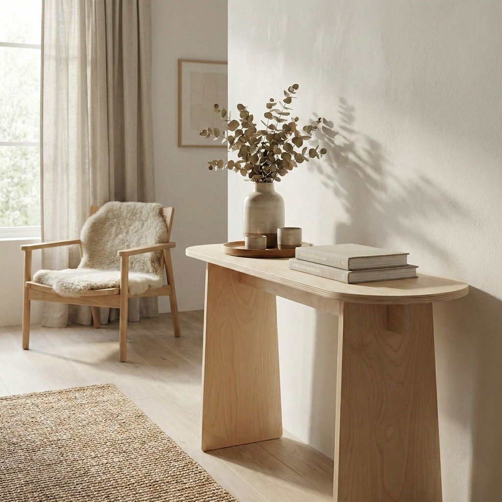 Oval üst tabla seçenekli İskandinav konsol masa, salon ve antre için doğal ahşap mobilya
