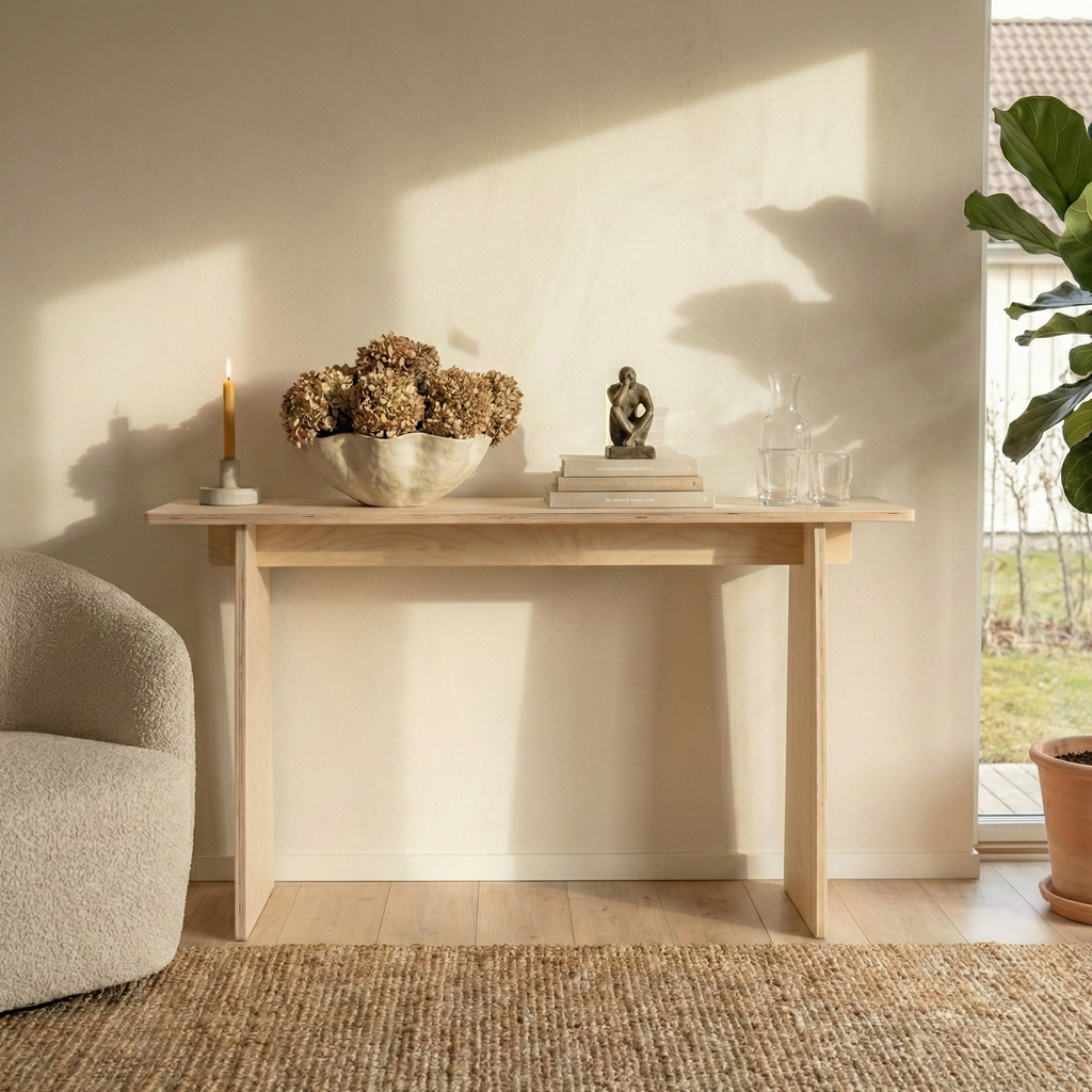 Montaj gerektirmeyen geçmeli sistemli ahşap konsol, doğal yüzeyli minimal dresuar