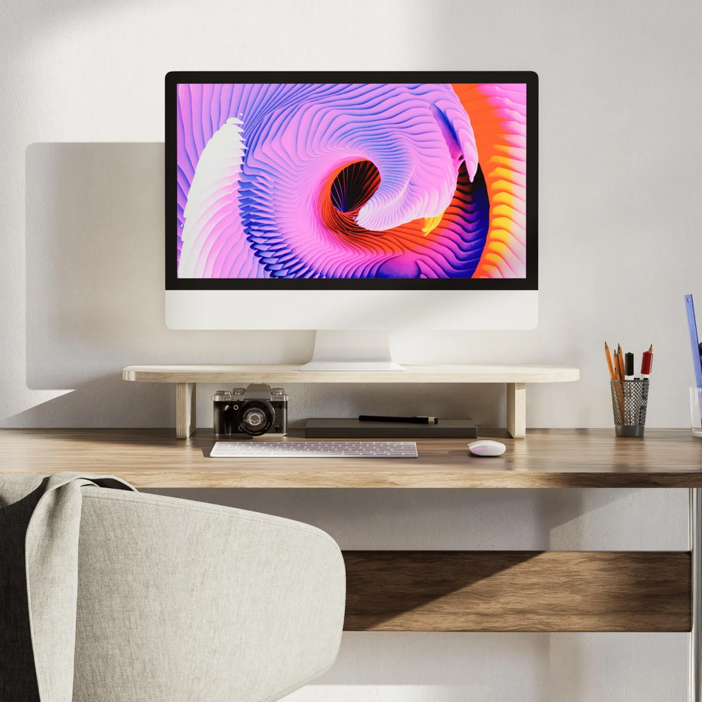 Çift monitör standı olarak kullanılabilen 116 cm ahşap monitör yükseltici