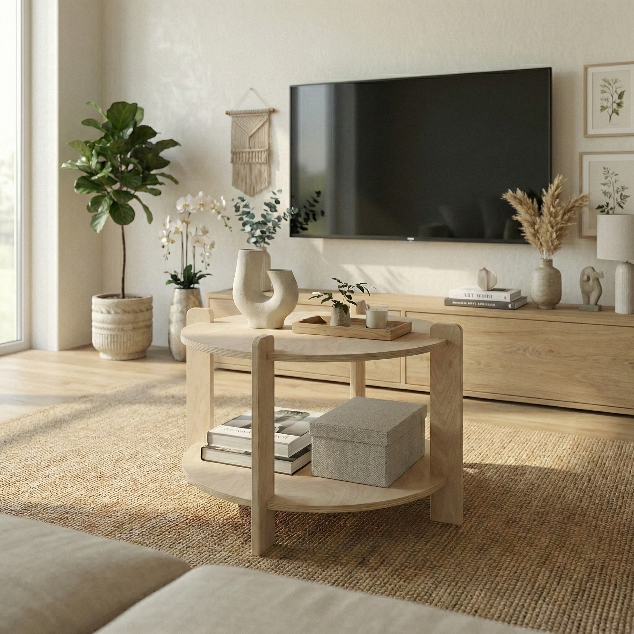 Minimal salon dekorasyonunda 2 raflı İskandinav yuvarlak orta sehpa